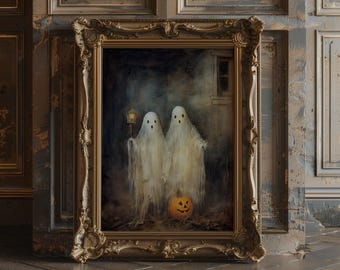 UNFRAMED Cute Ghosts in Field,Halloween Art Print,Vintage Halloween Ghosts,Sheeted Ghost Art Print,Spooky Wall Decor,Gothic Ghosts Wall Art
