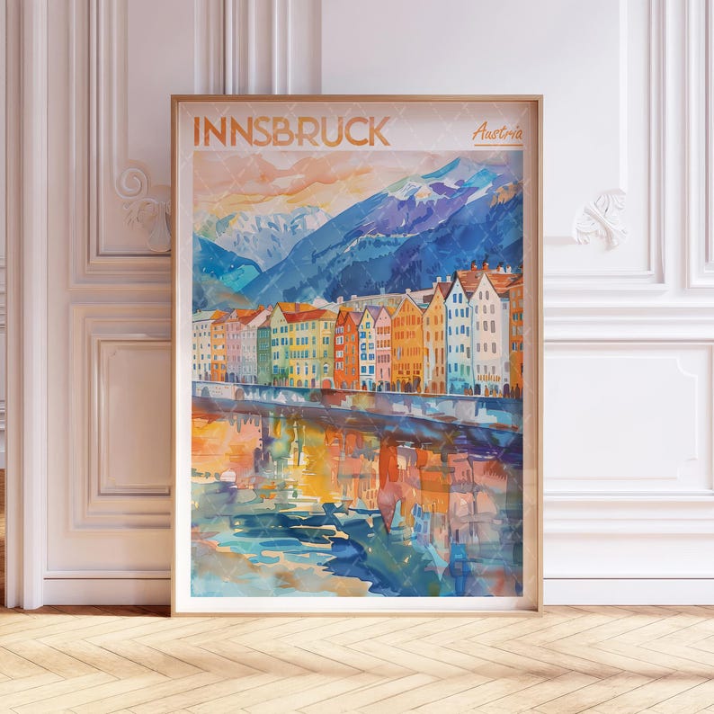 a painting of a city with mountains in the background