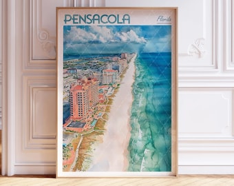 May include: A watercolor painting of an aerial view of Pensacola, Florida. The painting shows a long stretch of white sand beach with turquoise water and a line of tall, pink buildings along the shore. The text "PENSACOLA Florida" is at the top of the painting.