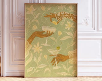 Arte de pared imprimible con cóctel "Cheers", decoración digital para bar, impresión moderna para cocina, póster de cóctel verde salvia.
