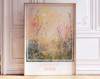 May include: A watercolor painting of a field of wildflowers in shades of pink, yellow, and white. The sun is shining brightly in the background, and the sky is a soft blue. The painting is framed in a gold frame and has the text "DAYLIGHT" and "LOS ANGELES" printed below the image.