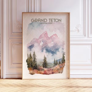 Grand Teton Nationalpark Aquarell Reiseplakat - US Nationalparks - Weiche Pastelltöne - Bunte Landschaftswandkunst