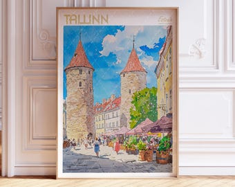Impresión en acuarela de Tallin: Póster turístico de Estonia, arte urbano en tonos pastel (descarga digital)