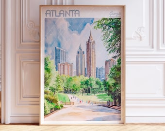Atlanta Georgia Watercolor Travel Poster, World Travel Art, Georgia Wall Art, Dorm Room Wall Decor, Gift For Traveler