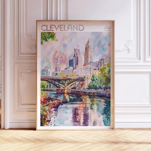 Cleveland Ohio Watercolor Travel Poster, World Travel Art, Cleveland Wall Art, Dorm Room Wall Decor, Gift For Traveler
