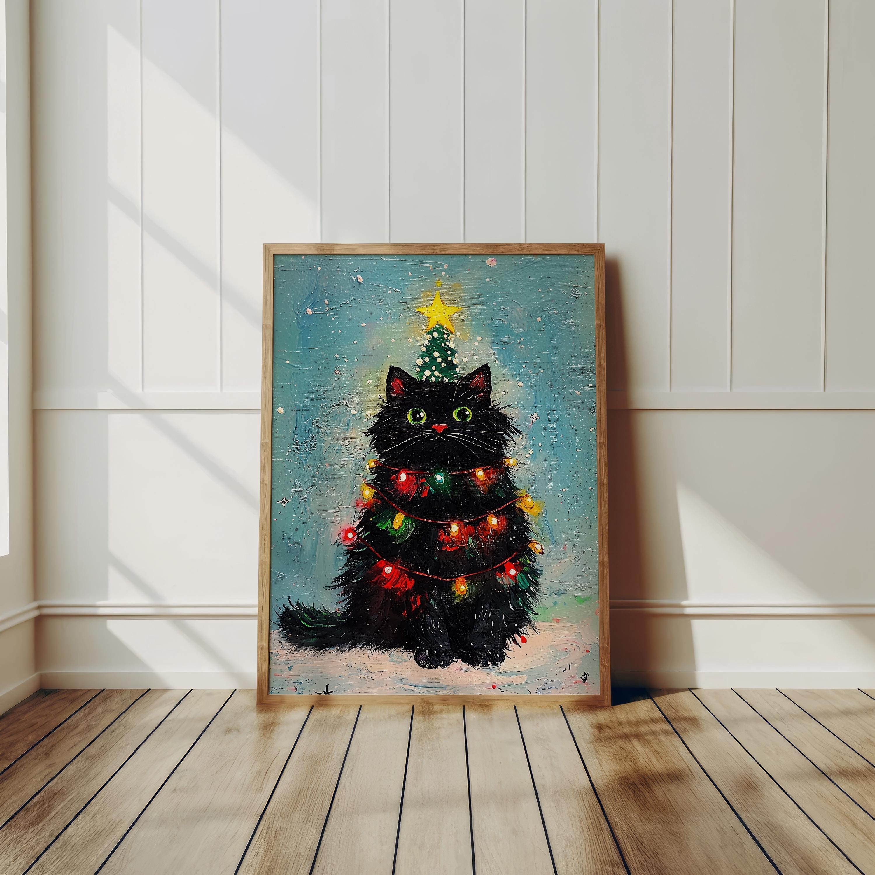 Black Cat Christmas Tree Oil Painting Altered Merry Christmas