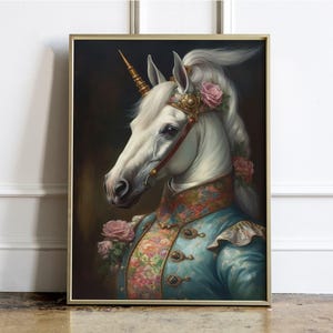 Victorian Unicorn Horse Vintage Portrait, Renaissance Animal Portrait, Royal King Animal Painting, Animal Funny Poster, Altered Art Print