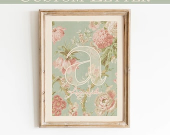 Benutzerdefinierte Vintage Blumen Briefdruck, Kinderzimmer Brief Dekor, Sage Grün Namensschild, Chinoiserie Monogramm Poster, personalisierte Wohnheim Dekor