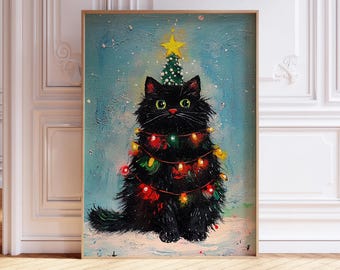 Black Cat Christmas Tree Oil Painting Altered Merry Christmas