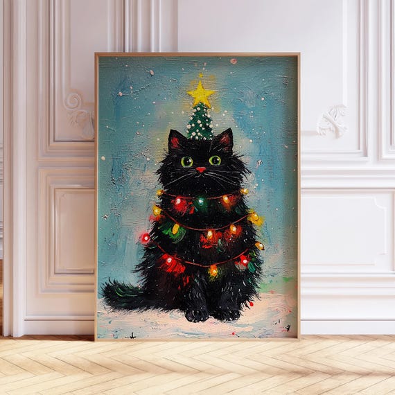 Black Cat Christmas Tree Oil Painting Altered Merry Christmas
