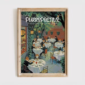 Purrspective Magazine Cover Print , Funny Cat Poster, Cats Dining at Restaurant, Gift for Cat Lover