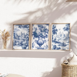French Toile Blue Wall Art Botanical Vintage Blue Willow Wall Art Vintage Landscape Painting, Chinoiserie Prints for Farmhouse Set of 3