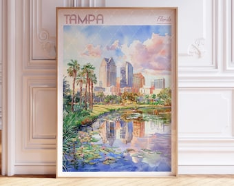Poster aquarelle de Tampa - Art mural Floride - Poster de voyage en Floride - Poster ville imprimable - Poster de voyage couleurs pastel