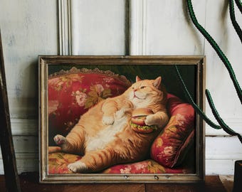 Fat Cat with Hamburger Vintage Painting Altered Art Funny Cat Poster Body Positive Poster Cat Lover Gift Alter Art Eclectic Wall Art