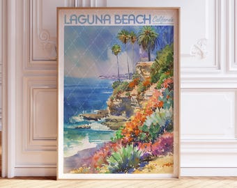 Laguna Beach Watercolor Art Print - California Coastal Print - California USA Travel Poster - World Cities Wall Art - Pastel Colors Art