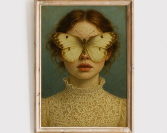 Mujer con mariposa, pintura vintage victoriana, póster de humor alterado, impresiones artísticas de Banksy, arte renacentista funky, arte de pared ecléctico