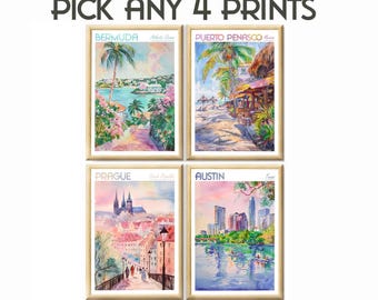 Custom Watercolor City Prints Set of 4: Personalized Travel Poster Art (Digital Download)