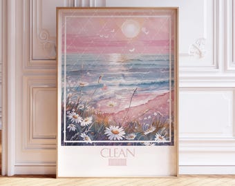 Puede incluir: Una impresión enmarcada de una pintura de acuarela que representa un paisaje marítimo con un cielo rosa y azul, una playa con margaritas blancas y el texto "CLEAN" con la palabra "PARIS" debajo.