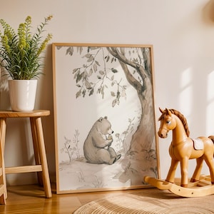 Vintage Bear Print – Rustic Woodland Animal Nursery Art, Neutral Baby Room Wall Decor, Forest Animal Illustration