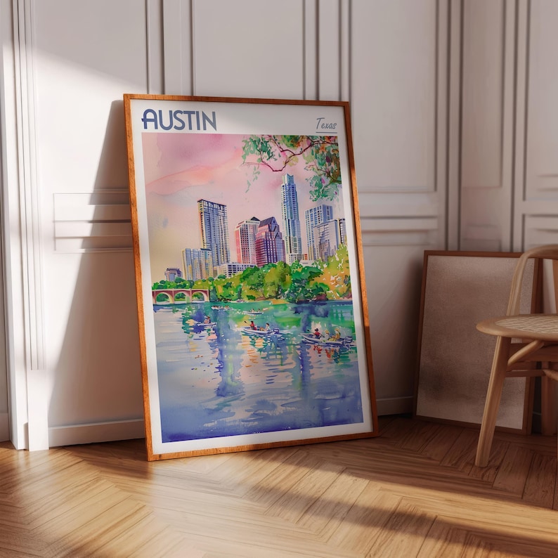 Austin Texas Watercolor Travel Poster, World Travel Art, Texas Wall Art, Dorm Room Wall Decor, Gift For Traveler image 4