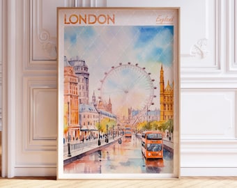May include: A watercolor painting of a London street scene with the London Eye, a red double-decker bus, and the text "LONDON" and "England".