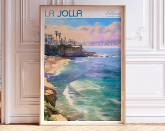 Impression d'art aquarelle La Jolla - impression de la ville de San Diego - affiche de voyage en Californie aux États-Unis - art mural villes du monde - art couleurs pastel