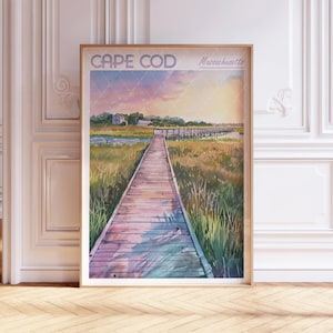 Poster aquarelle Cape Cod Massachusetts - impression États-Unis - art mural voyage - cadeau pour voyageur - affiche ville couleurs pastel