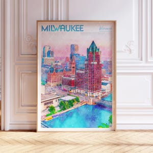 Impressão de arte em aquarela de Milwaukee - Impressão da cidade de Milwaukee - Pôster de viagem de Wisconsin EUA - Arte de parede de cidades do mundo - Arte de viagem em cores pastel