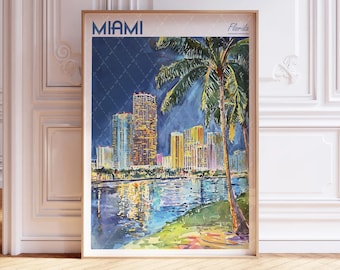 Miami Aquarell Poster - Miami Wandkunst - Florida Reiseplakat - Druckbares Stadtplakat - Pastellfarben Reiseplakat