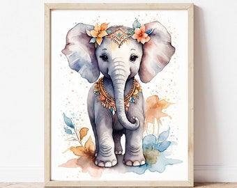 Baby Elephant Wall Art | Safari Nursery Decor | Baby Nursery Prints | Jungle Nursery Decor | Boho Watercolor Animals | Nursery Wall Decor
