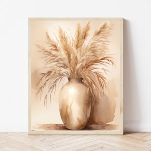 Arte de pared bohemio / Jarrón imprimible con hierba de la pampa / Impresión digital en tonos tierra / Decoración de habitación bohemia / Impresión bohemia / Decoración de oficina bohemia / Arte con hierba seca