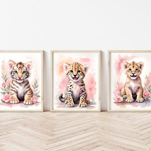 大きな猫の保育園の壁アート | サファリの保育園の装飾 3 点セット | 女の子の赤ちゃんの保育園のプリント | ジャングルの保育園の装飾 | ピンクの保育園の壁装飾