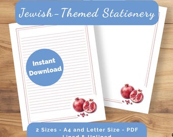 Pomegranate Printable Writing Paper Lined Unlined Jewish Stationery Rosh Hashanah Judaica Minimalist Digital Download A4 & Letter Size
