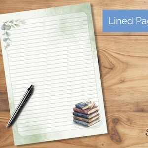 Puede incluir: Una hoja rectangular de papel de carta rayado con un borde de acuarela verde suave, una rama de hojas de eucalipto en la esquina superior izquierda y una pila de libros ilustrados con gafas en la esquina inferior derecha, con un bol&iacute;grafo negro.