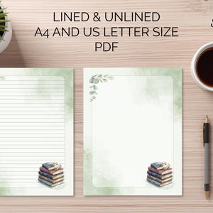 Puede incluir: Dos hojas de papel de carta, una rayada y otra sin rayas, con un borde de acuarela verde de hojas de eucalipto y una pila de libros en la esquina. El texto dice: LINED & UNLINED A4 AND US LETTER SIZE PDF. Se ve el logotipo de Shira's Paper Studio.