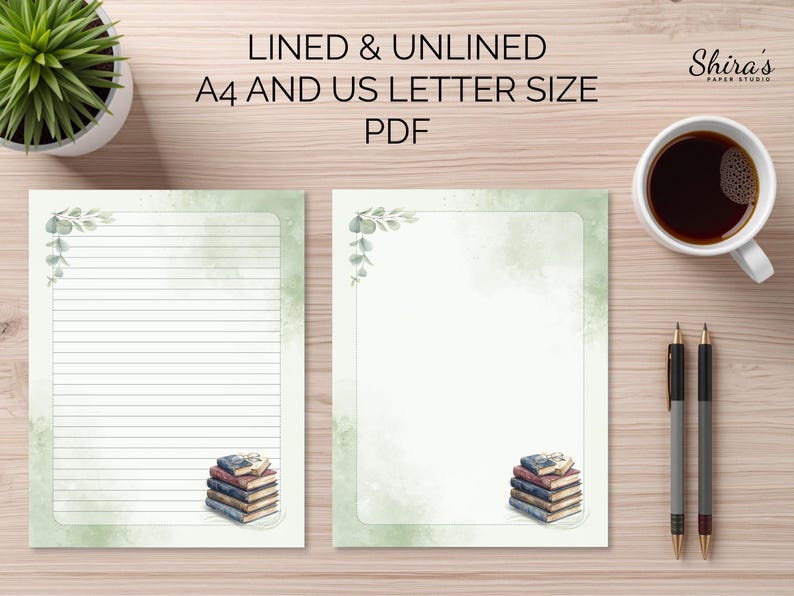Puede incluir: Dos hojas de papel de carta, una rayada y otra sin rayas, con un borde de acuarela verde de hojas de eucalipto y una pila de libros en la esquina. El texto dice: LINED & UNLINED A4 AND US LETTER SIZE PDF. Se ve el logotipo de Shira's Paper Studio.