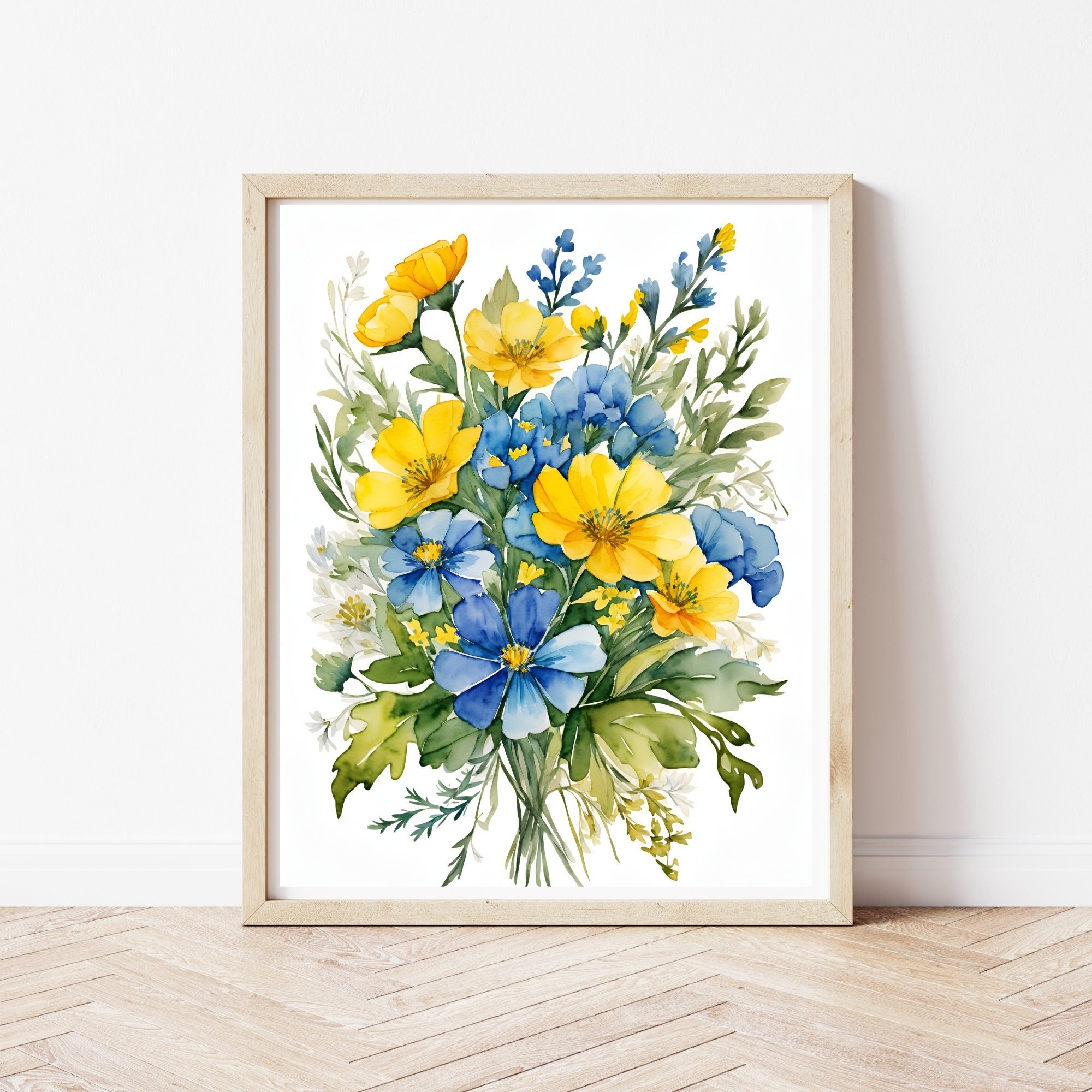 Blue and Yellow Flower Watercolor Wall Art | Blue and Yellow Floral ...