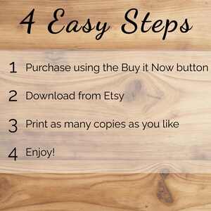 Puede incluir: Un gr&aacute;fico de instrucciones titulado 4 Easy Steps con texto negro sobre un fondo claro. Los pasos son: 1 Purchase using the Buy it Now button, 2 Download from Etsy, 3 Print as many copies as you like, 4 Enjoy. Shira's Paper Studio aparece abajo.