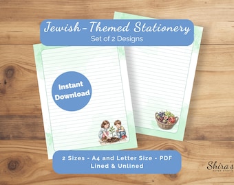 Tu BiShvat Printable Stationery | Lined Unlined Jewish Paper | Green Watercolor | Children Planting Tree | Tu BiShvat Fruit Basket A4 Letter