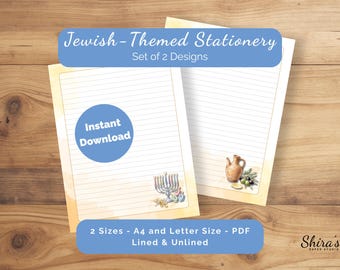 Hanukkah Printable Stationery | Lined Unlined Jewish Letter Paper | Orange Watercolor Menorah Dreidel Gelt | Oil Jug Olives Pack | A4 Letter
