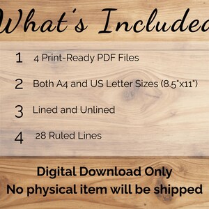Puede incluir: Un gr&aacute;fico informativo de descarga digital con el texto: What's Included, 1 4 Print-Ready PDF Files, 2 Both A4 and US Letter Sizes (21,6 cm x 27,9 cm), 3 Lined and Unlined, 4 28 Ruled Lines, Digital Download Only, No physical item will be shipped.