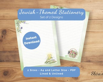 Papelería imprimible para Shavuot / Papel judío rayado y sin rayar / Acuarela verde / Tabletas florales del Har Sinai / Cesta de frutas Bikkurim / Tamaño carta A4