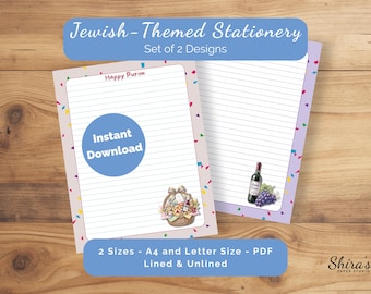 Purim Printable Stationery | Lined Unlined Jewish Letter Paper | Mishloach Manot Print | Wine Grapes Confetti | A4 Letter PDF