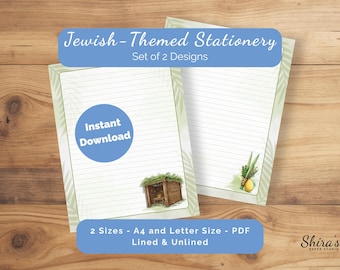 Sukkot Printable Stationery | Lined Unlined Jewish Letter Paper | Green Watercolor | Sukkah Palm Fronds Lulav Etrog Four Species | A4 Letter