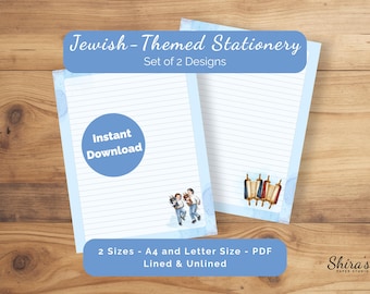 Simchat Torah Printable Stationery | Lined Unlined Jewish Letter Paper Blue Watercolor | Children Dancing Torah | Torah Scrolls | A4 Letter