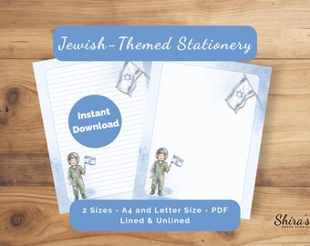Papel de escritura imprimible de Israel, rayado y sin rayar, niño piloto, bandera israelí, judaica, papelería, Yom HaAtzmaut, descarga digital, A4 y carta.