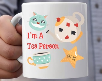 Wonderland Tea Mug: Colorful Teapot & Cheshire Cat Design