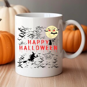 Taza de café de Feliz Halloween: Bruja, Murciélagos, Calabaza