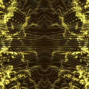 Könnte beinhalten: Ein digitales abstraktes Muster mit symmetrischen Wellen aus leuchtenden gelben Lichtpartikeln vor einem dunklen Hintergrund. Die Komposition besteht aus zahlreichen kleinen, hellen Punkten, die in fließenden, horizontalen Linien angeordnet sind.