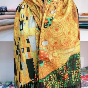 Yellow Cashmere Scarf with Ornamental Design & Woman Illustration | Elegant Winter Wrap for Women